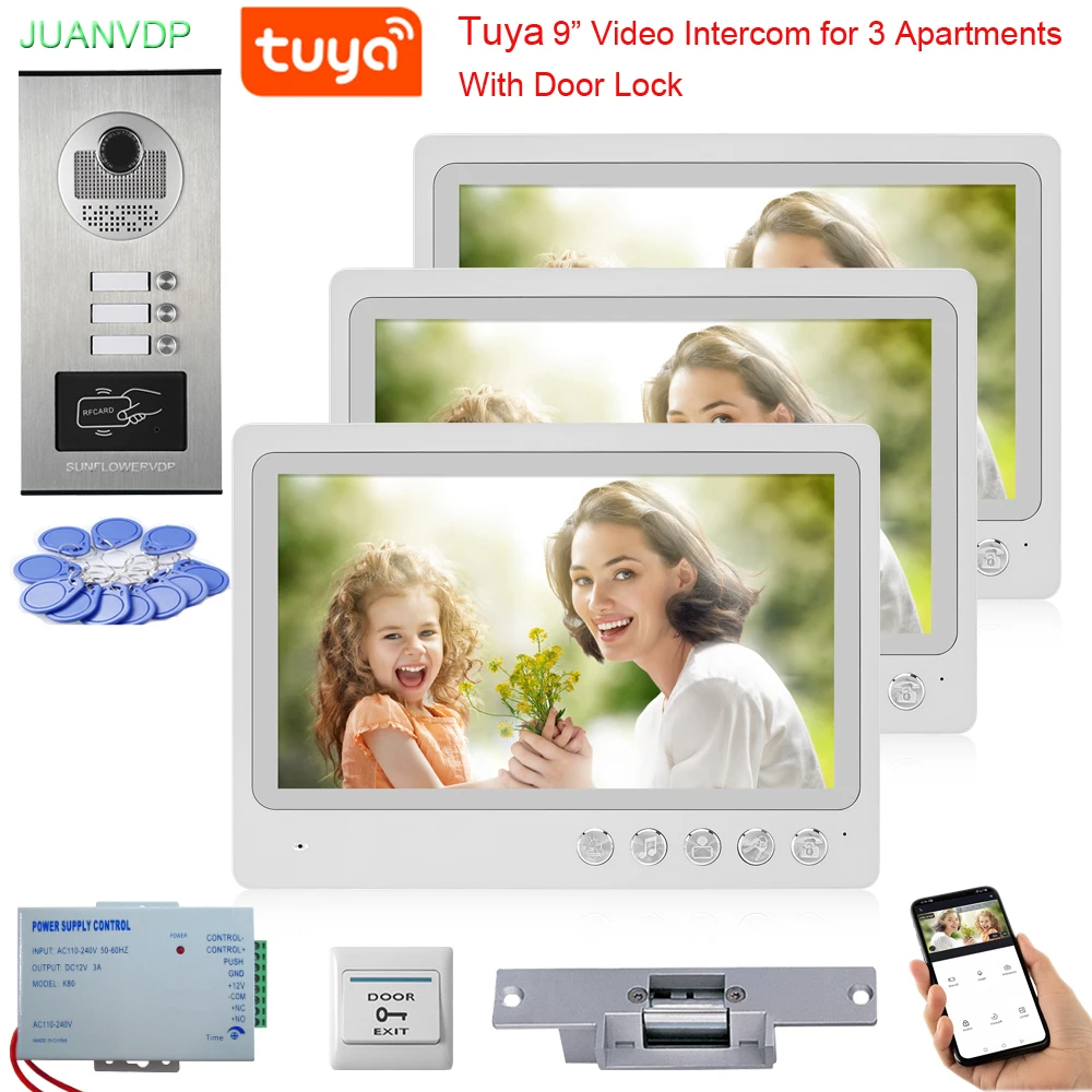 For 2/3/4/6 WiFi Video Intercom System 9” Monitors Smart Video Doorbell for Home with Rfid Card 2 Way TUYA APP Unlock for Home