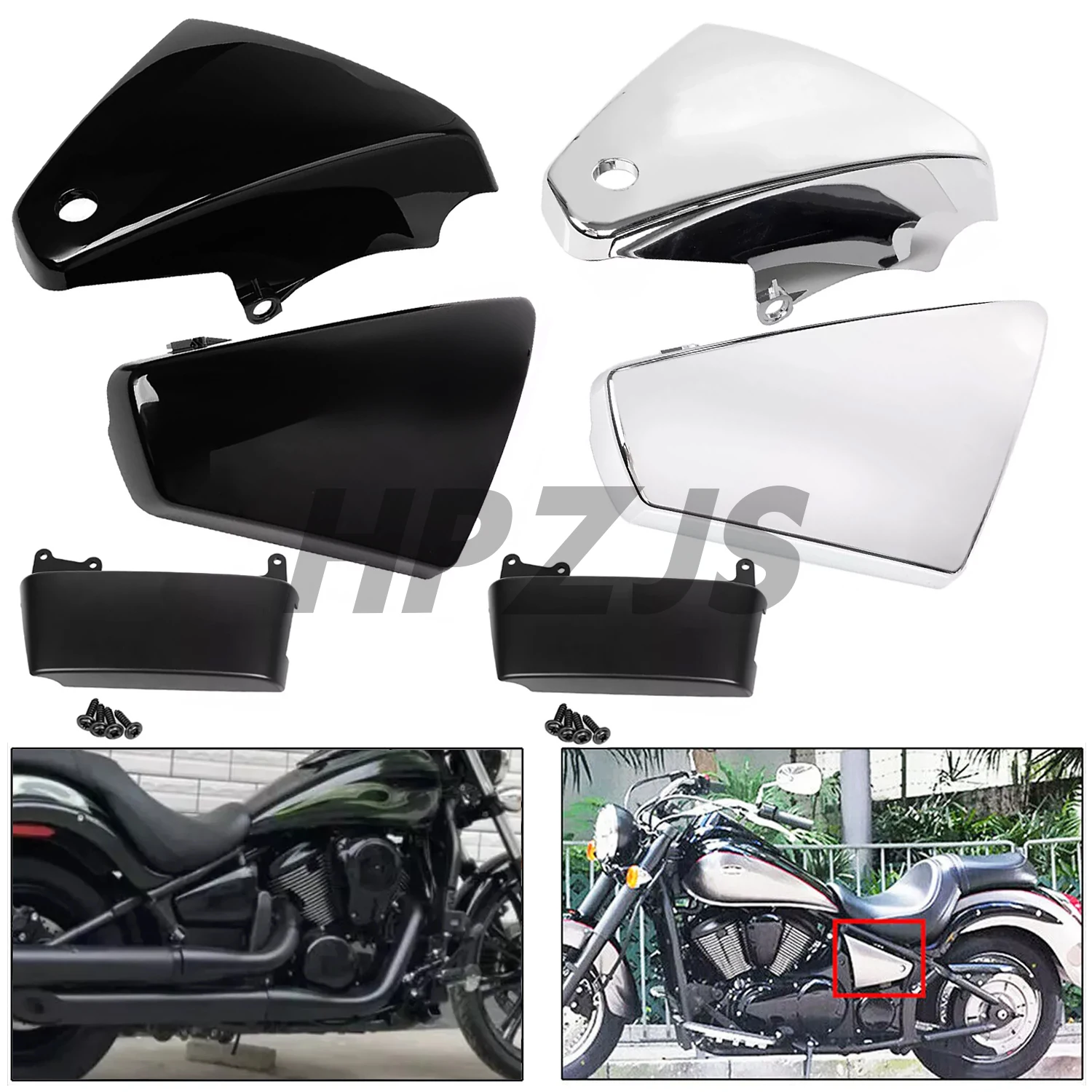 

For Kawasaki Motorcycle Vulcan 900 VN900 Classic Custom 2006-2020 Glossy Black/Chrome ABS Plastic Battery Side Fairing Covers