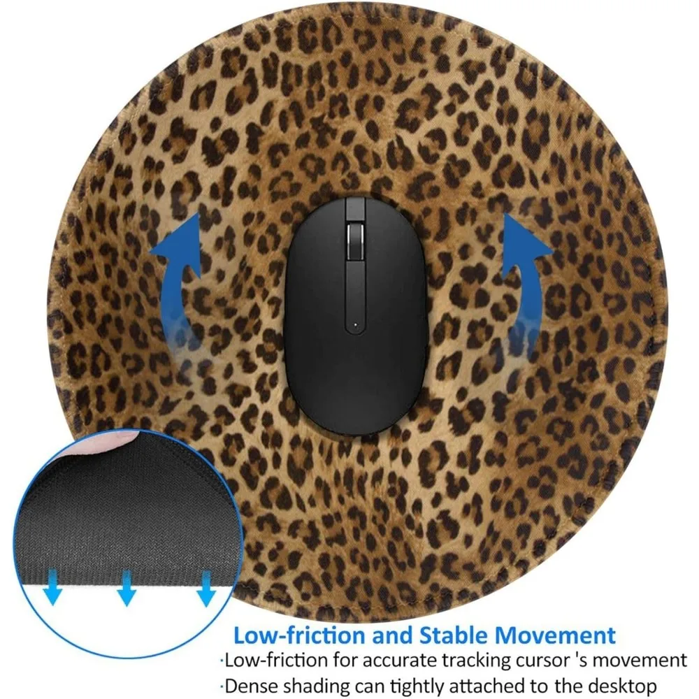 Lindo alfombrilla de ratón redonda para juegos con estampado de leopardo y 8 bordes cosidos con base de goma antideslizante