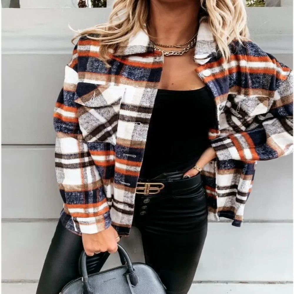 Autumn and winter cross-border European and American Wish women's new woolen shirt long sleeved plaid jacket for women