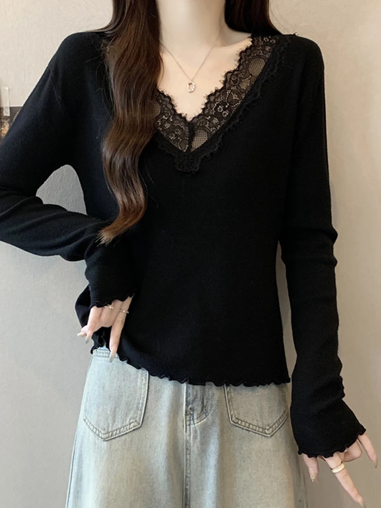 

Мягкий вязаный кружевной топ с V-образным вырезом и длинными рукавами для женщин, базовая модель, больших размеров, утягивающий, для осени и зимы, для прогулок