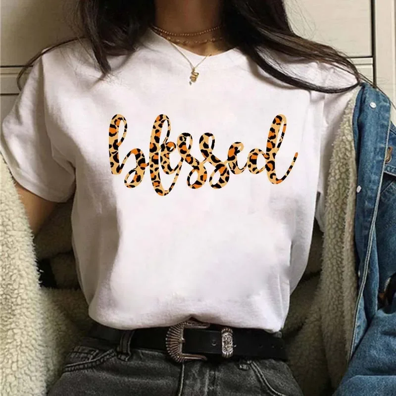Women Summer Casual T-Shirt Leopard Print Blessed Good Vibes Lips High Heels Graphic Short Sleeve Female Fashion Tee Tops