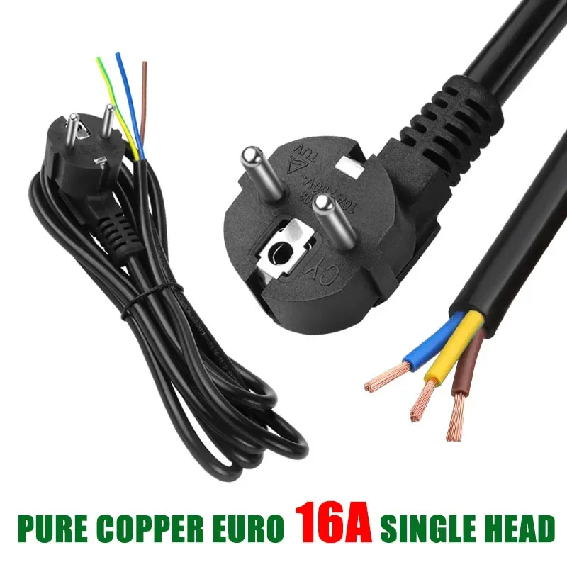 1.5M EU Plug Power Cable  European 16A Standard Bare Tail Semi-finished Cord 3Pin 0.75/1.0/1.5/2.5 Square Copper Power Wire