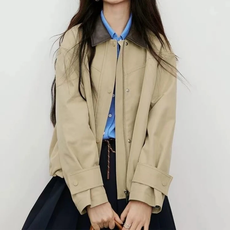 

2025 Autumn New Jacket Flip Collar Retro Contrast Casual Top Loose Versatile Jacket for Women