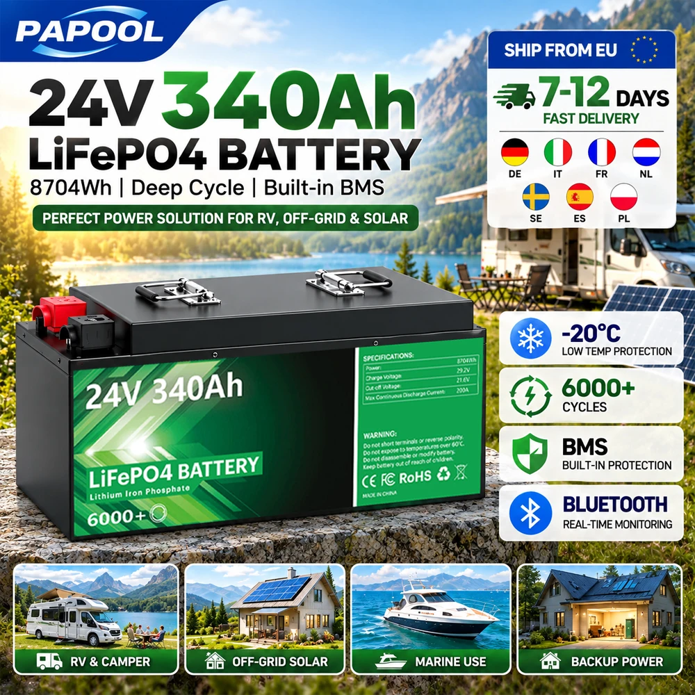 24V 340Ah 8,70Kwh LiFePO4-Batterie 25,6V 100Ah 140Ah 200Ah 300Ah Bluetooth Lithium-Batterie Klasse A 6000 Zyklen für Solarpanel, Wohnmobil, Golfwagen, Boot, EU-Lager