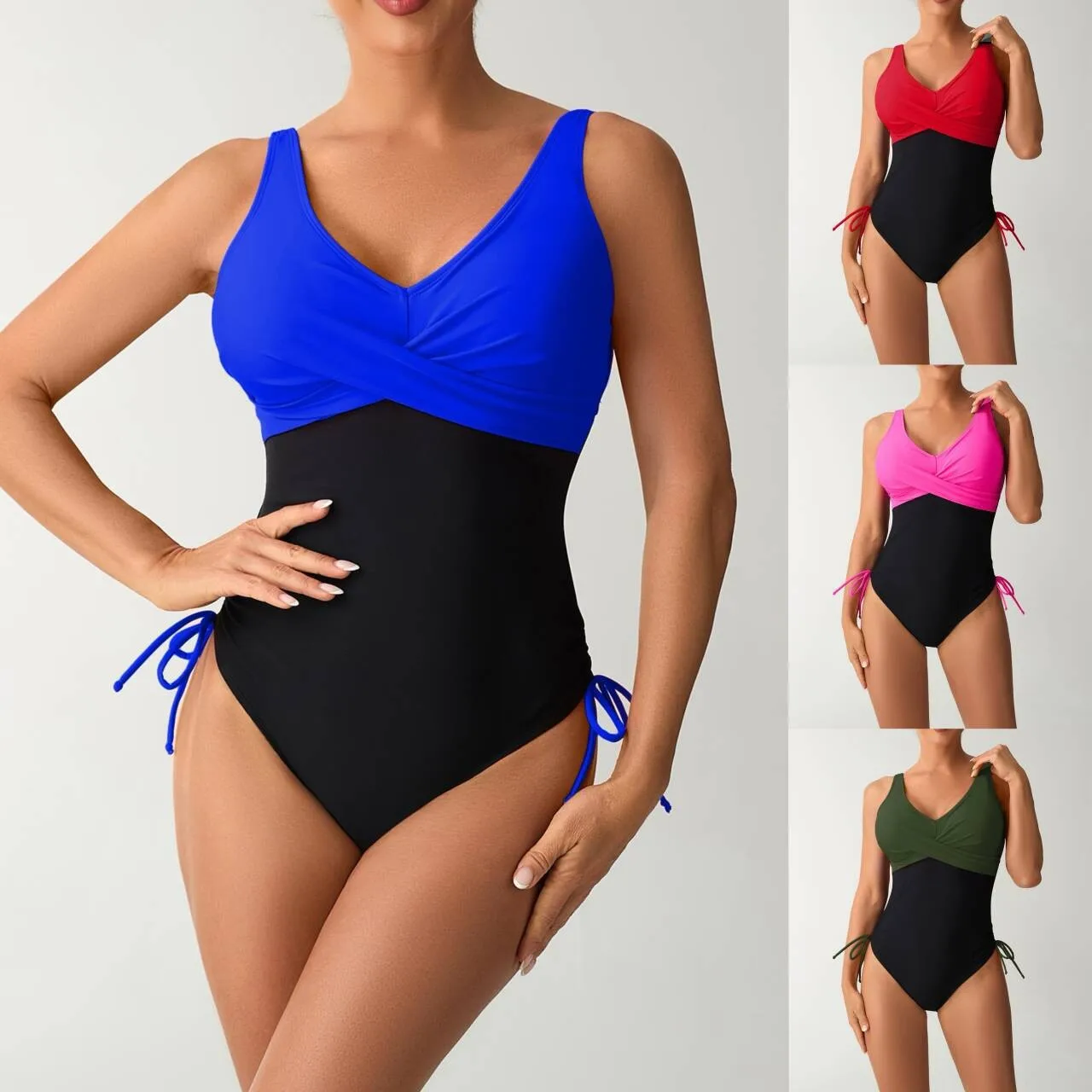 Y2k Woman Tankini V Neck Cross Front Tankini Top Ruched Waist Swim Tank Blue Black High Waist Swimsuit Swimwear 2026 Side Tie