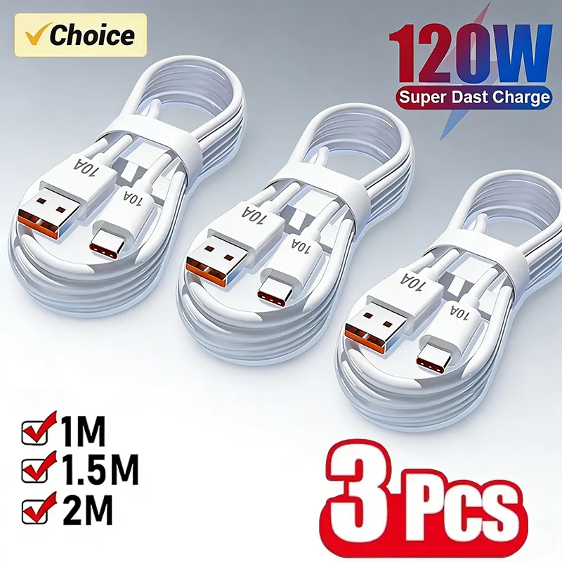 

3Pcs 10A 120W Flash Charging Cable USB To Type-C Fast Charging Cable For Xiaomi Huawei iphone Highspeed Data Transfer 2M Cable
