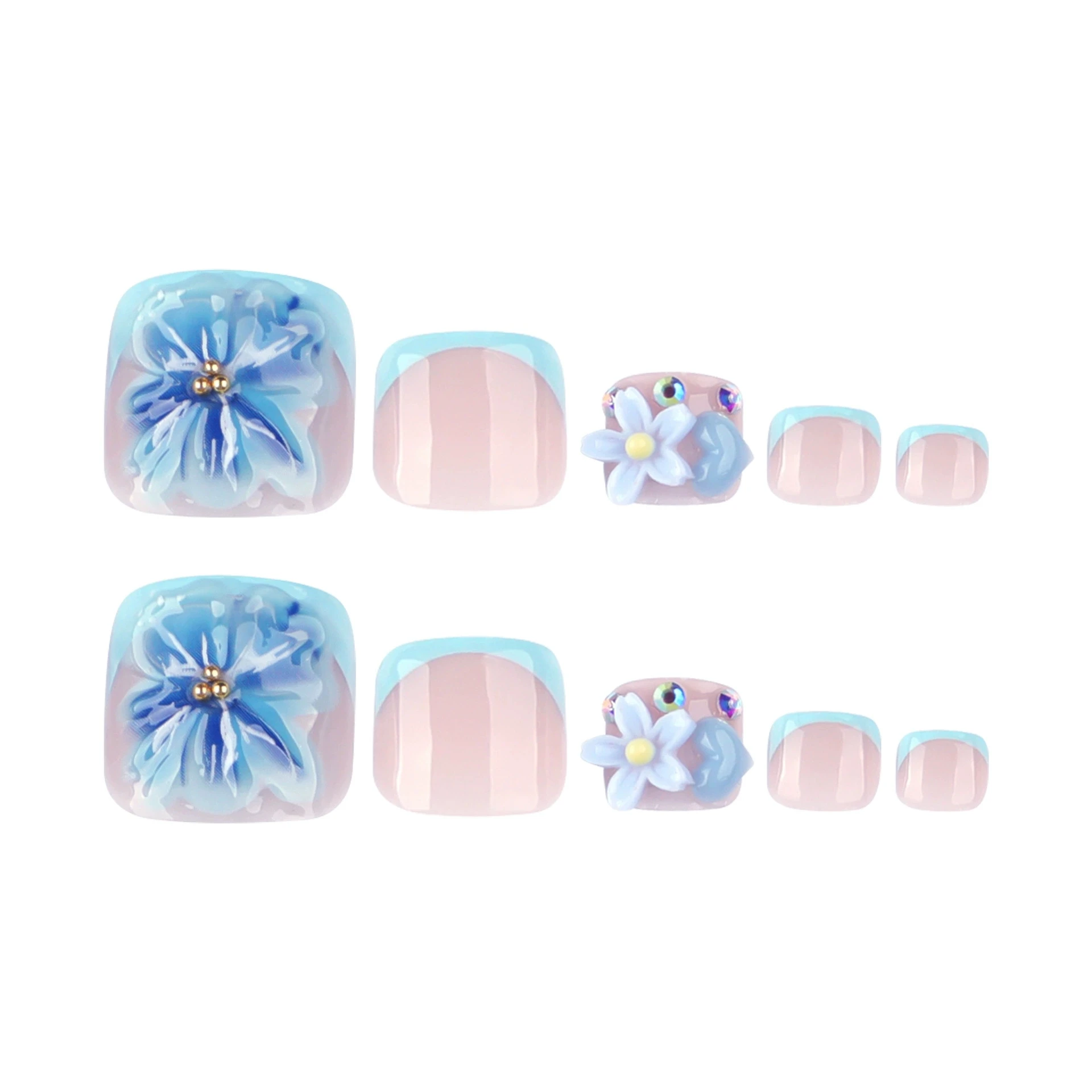 24 stks Ins Stijl Blauwe 3D Bloem Nep Teennagels Druk Op Nagels Verwijderbare Korte Franse Kunstnagels Flash Diamond Decor Voeten Nail Art