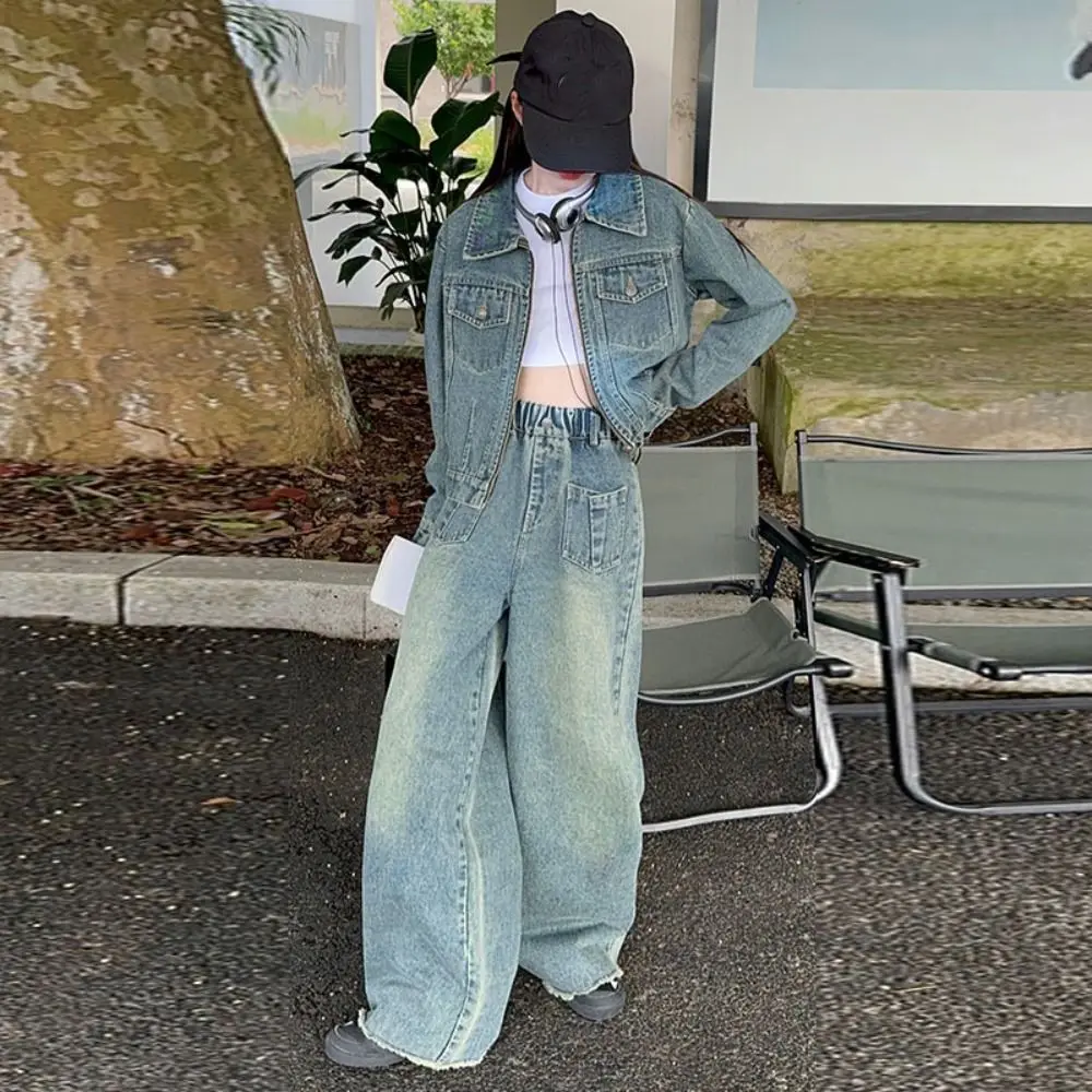 

Loose Y2K Children Cowboy Set Loose Teens Jeans Jacket Suit Wide Leg Pants Retro Girls Clothes Set Summer Autumn