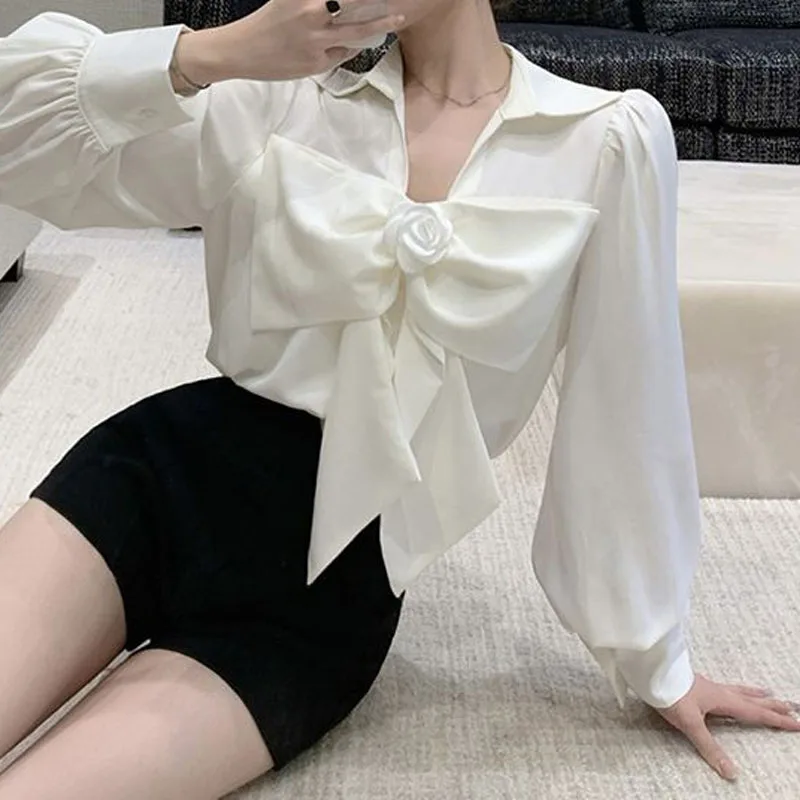 Spring Chic Bow Spliced Fashion Shirt for Female Casual All-match Long Sleeve Simplicity Solid Color Blouse Women\'s Clothing