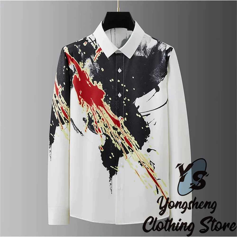 Luxury Letter Print Shirt Men's Long Sleeve Slim Fit Casual Shirt High Quality Fashion Korean Extra Large Size Men's Clothing