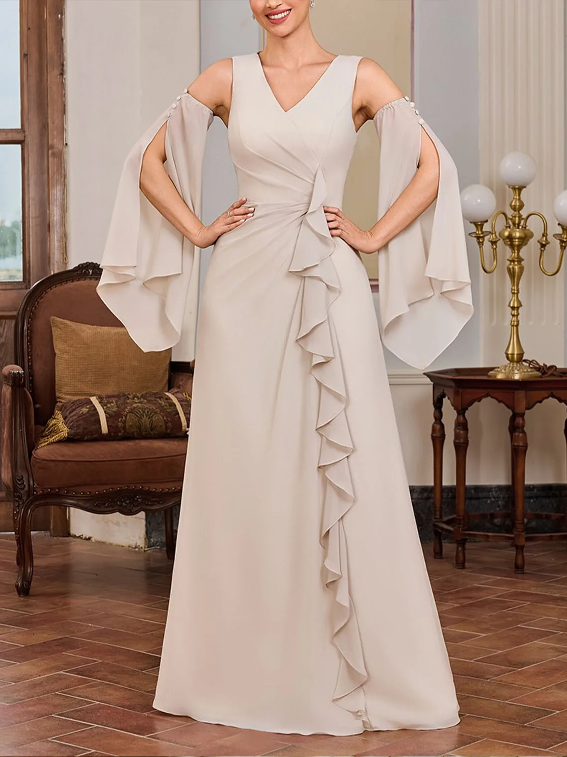 

Elegant Sleeveless V-Neck Chiffon Floor-Length Sheath Mother of the Bride Dress with Ruffles 2025 free customized