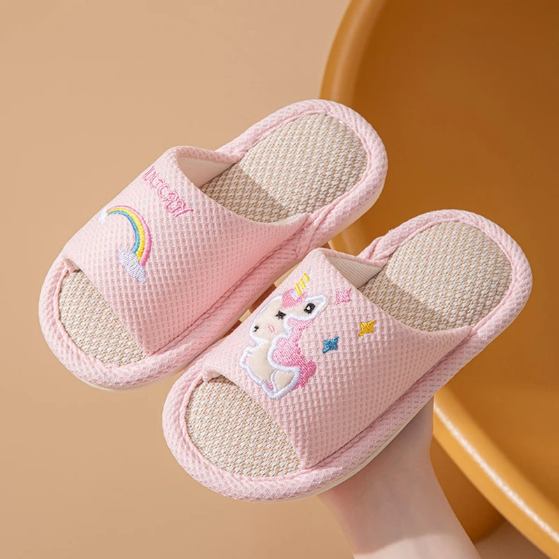 Hemp Cartoon Slippers Children Home Flats Casual Spring Summer Luxury Designer Shoes Girls Rainbow Fashion Indoor Slides Soft view 4