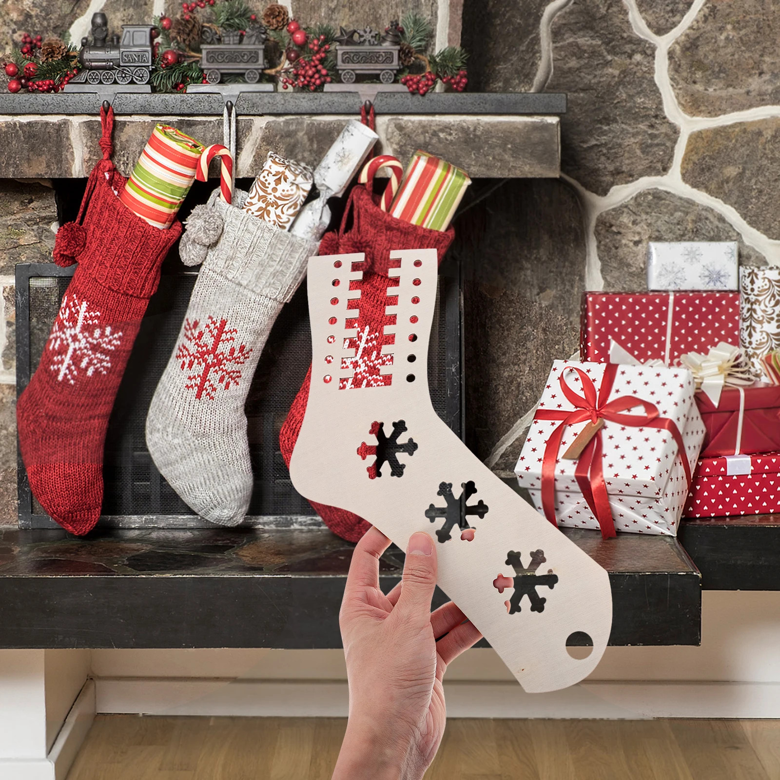 

4Pcs WoodenSockBlockers StretchableKnittingTemplates DIYChristmasSocks Craft HolidayDecor ReusableMolds SockKnittingTools