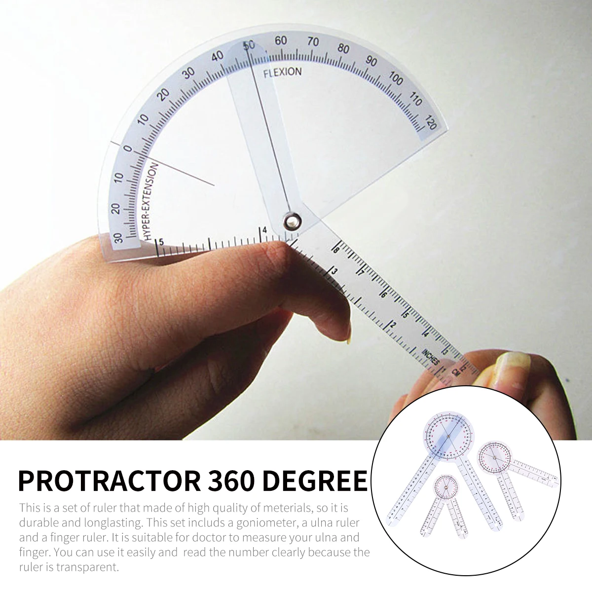 

1Set Durable Medical Ruler Kit Transparent Goniometer Ulna Finger Measurement Assorted Colors 360 Degree Protractor