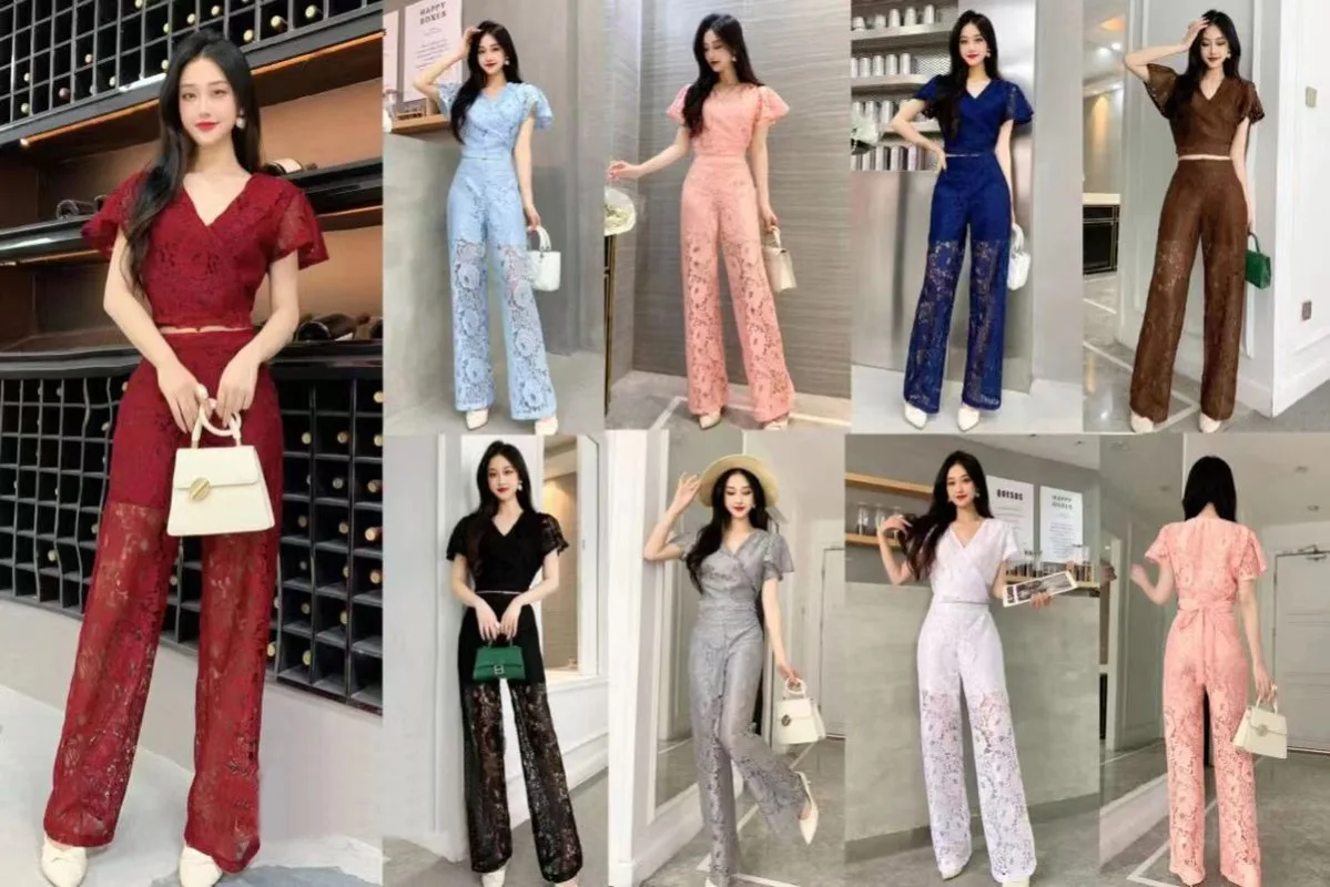 

2026 Summer Women's Fashion Two-piece Suit Slim-fitting Thin Lace Pants Outer Wear Trousers Lace Flared Sleeves V-neck Short Top