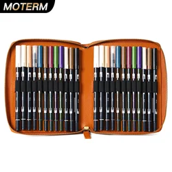 Moterm Leather Zippered 24 Slots Pen Case for Tombow Dual Brush Pen Genuine Cowhide Elastic Pen Loops Pen Holder Pencil Bag