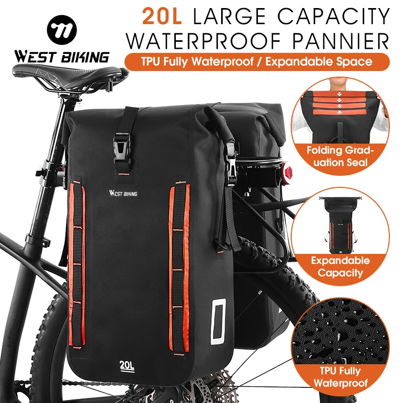 

WEST BIKING Fully Waterproof Panniers TPU Foldable Bike Bag 15-20L Large Capacity Bike Rear Rack Bag MTB Road Bicycle Trunk Bag