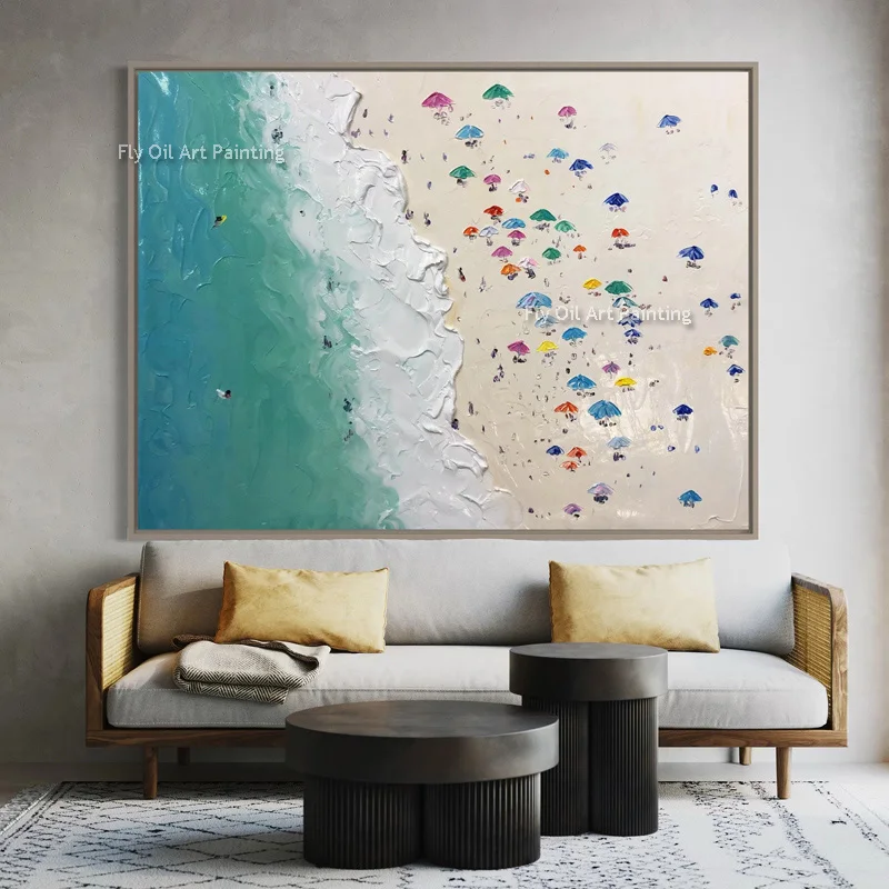 اليدوية الحديثة الأخضر الأبيض المناظر البحرية الفني الصيف نشاف البحر قماش الفن الناس يلعبون على الشاطئ لوحة زيتية سميكة للديكور