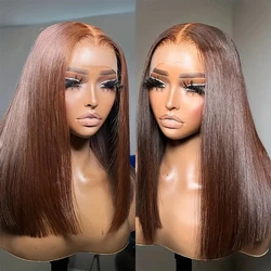 Perucas de Bob retas com frente de renda transparente, 100% cabelo humano pré-arrancado, linha fina natural, castanho chocolate, 13 × 4, #4