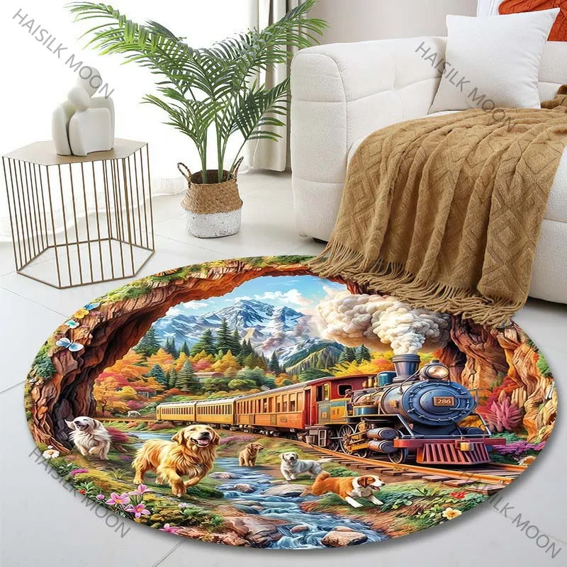 Multiple sizes Train and dogs in nature Print Round Carpet Living Room Bedroom Table Chair Sofa Decorative Carpet Luxury gifts