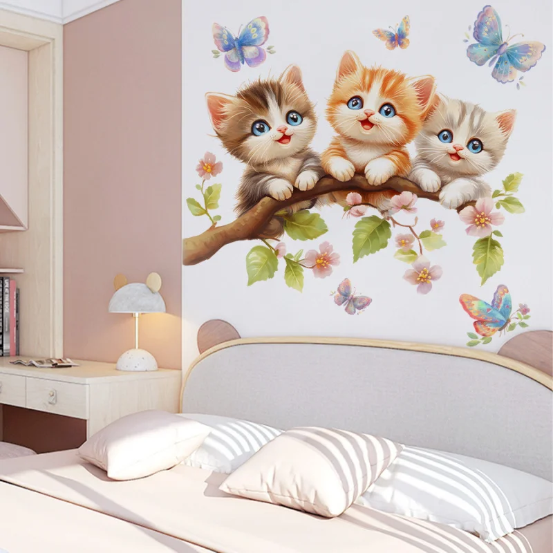 

Cute Cartoon Cats on Branch with Butterflies Wall Sticker, Self-Adhesive Nursery Kids Room Bedroom Decor Decals