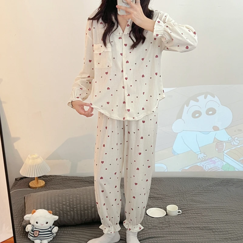 Pajamas Women's Spring New Knitted Cotton Cardigan Small lapel long sleeve 2-piece Korean casual sweet cute home clothes