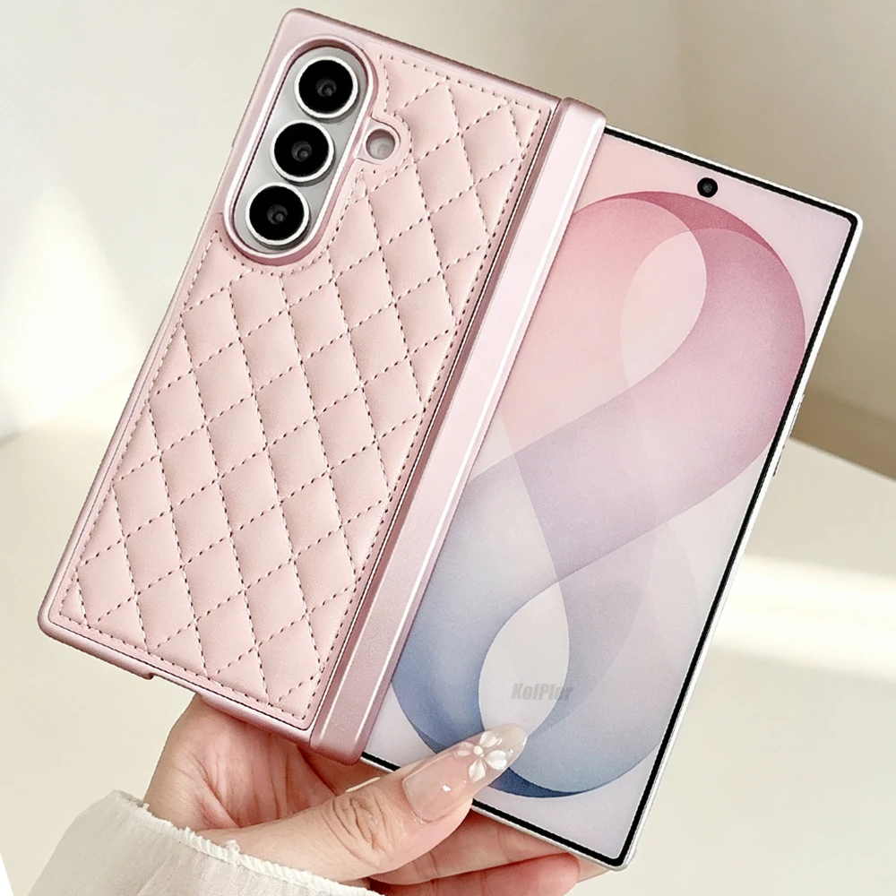 Luxury Diamond Quilted Leather Case For Samsung Fold 8 Ultra Foldable Phone Raised Lens Frame Hinge Protective Anti-drop Cover