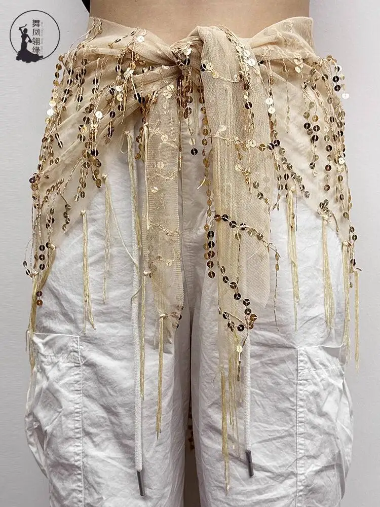 새로운 벨리댄스 허리 체인 벨트 태슬 글리터 삼각 붕대 숄 스카프 허리 장식 연습용 힙 타월