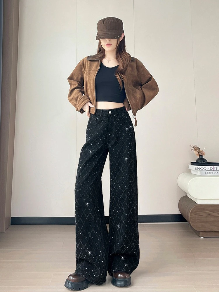 Starry Sky Sparkling Diamond Weaving Mesh Wide Leg Jeans Women in Autumn and Winter 2025 Thick Versatile Fashion Pants