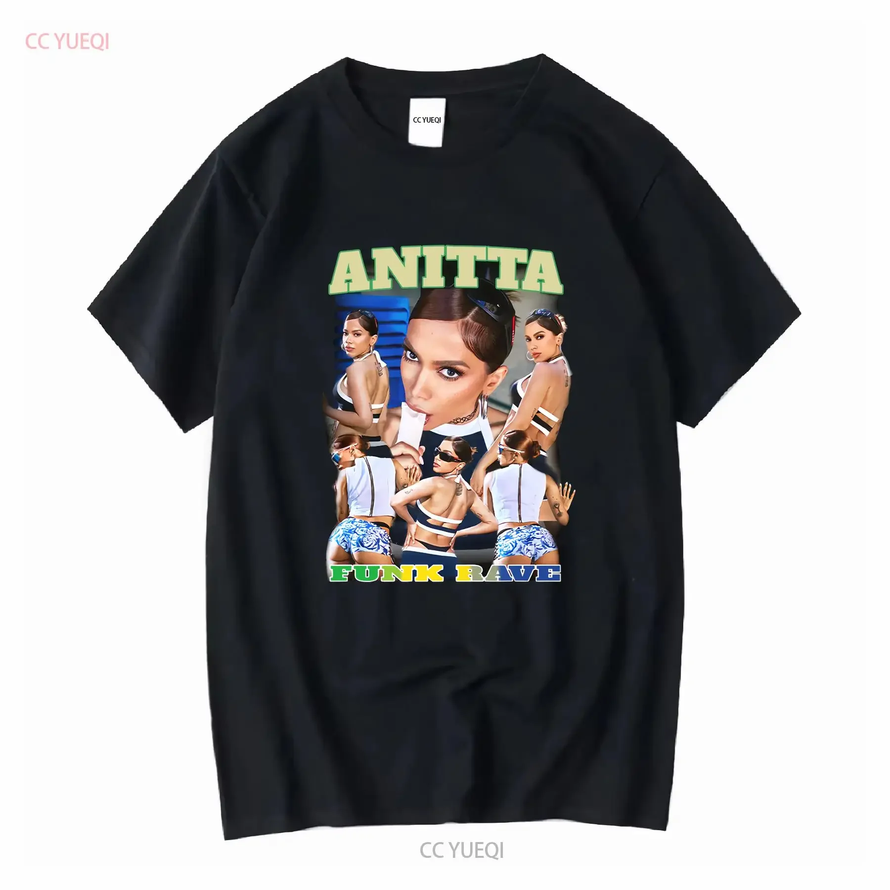 Camiseta ANITTA Funk Rave Collage com gola redonda, casual, mangas longas ou curtas, vintage, lavada, unissex, confortável, moda masculina, macia