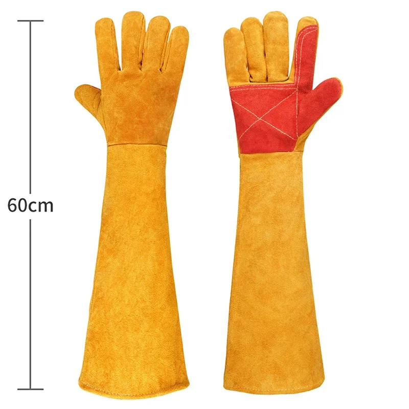 60cm Heavy Duty Gardening Rose Pruning Gauntlet Gloves Thick Soft Cow Split Leather Anti-Heat Long Sleeve Work Welding Gloves