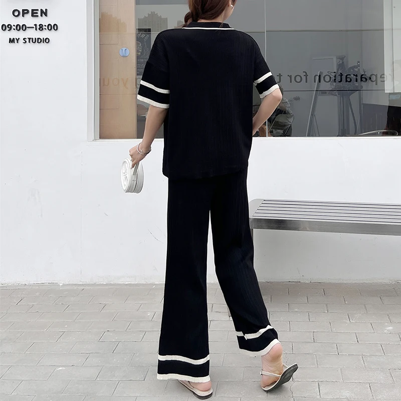 Women Casual Summer Loose Contrast Color Knit Two-piece Set POLO Collar Short Sleeved Top and High Waisted Wide Leg Pants Outfit