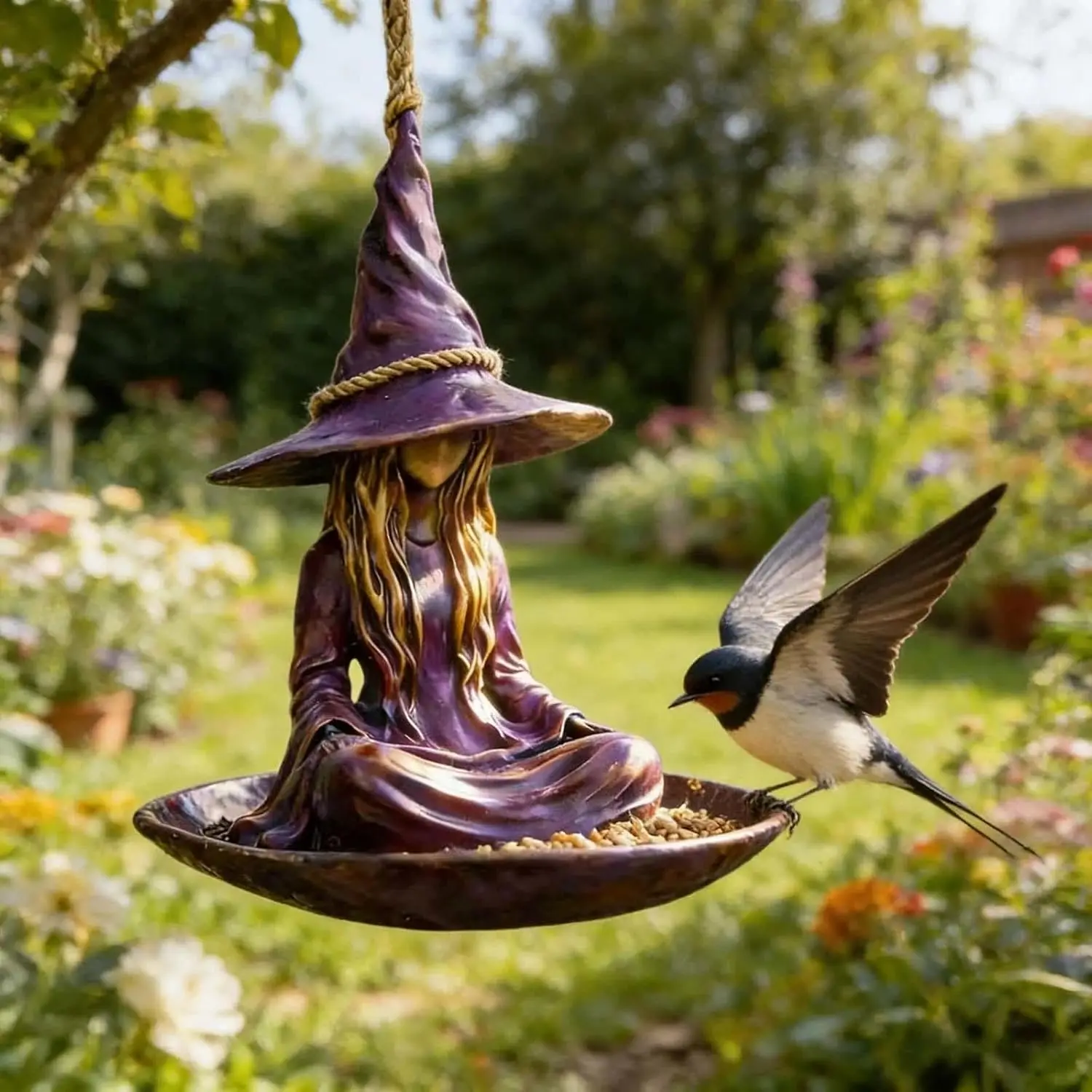 

Meditating Witch Garden Bird Feeder, Purple Resin Witch Garden Bird Feeder with Rope Hanger for Outdoor Hanging