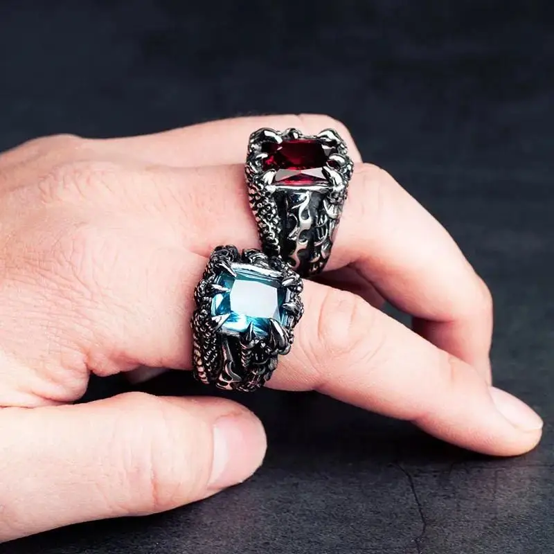 Anello gotico con artiglio di drago demone malvagio in cristallo blu e rosso per uomo, grammo, motociclista, punk rock, hip hop, accessori per gioielli fantastici