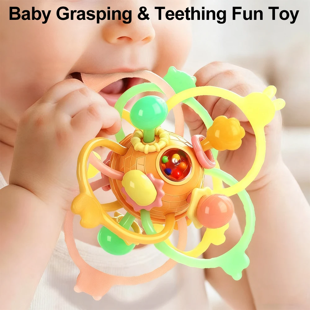 0-12 Months Baby Grasping Activity Baby Development Toys Rotating Rattle Ball Silicone Teether Baby Sensory Toys for Babies