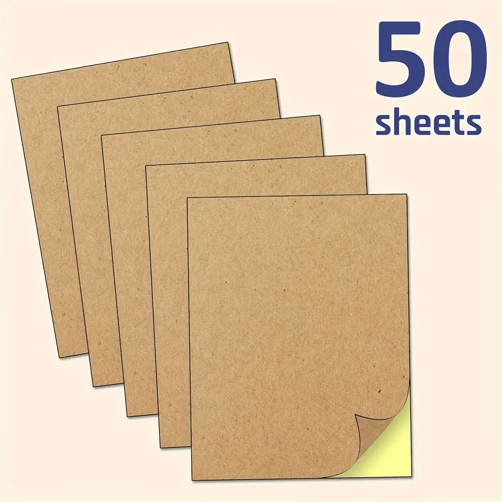 50 Sheets Kraft Surface Stickers & A4 Self-Adhesive Label Paper, Kraft Paper Self-Adhesive Paper, Printable Brown Labels