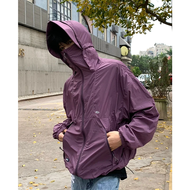 

Lightweight Purple Ice Silk One-Piece Outdoor Climbing Suit Men's Hat Mask Inteated Jaet UV Protection Faionable Summer...