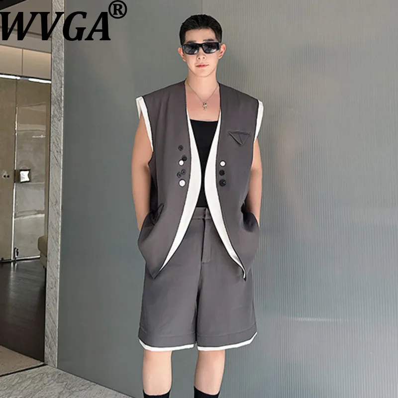 

WVGA Spring Summer New Men Tide Color-Block Patchwork Trendy Button Vest Niche Chic Casual Shorts Two Pieces Sets Ins Y2K W17785