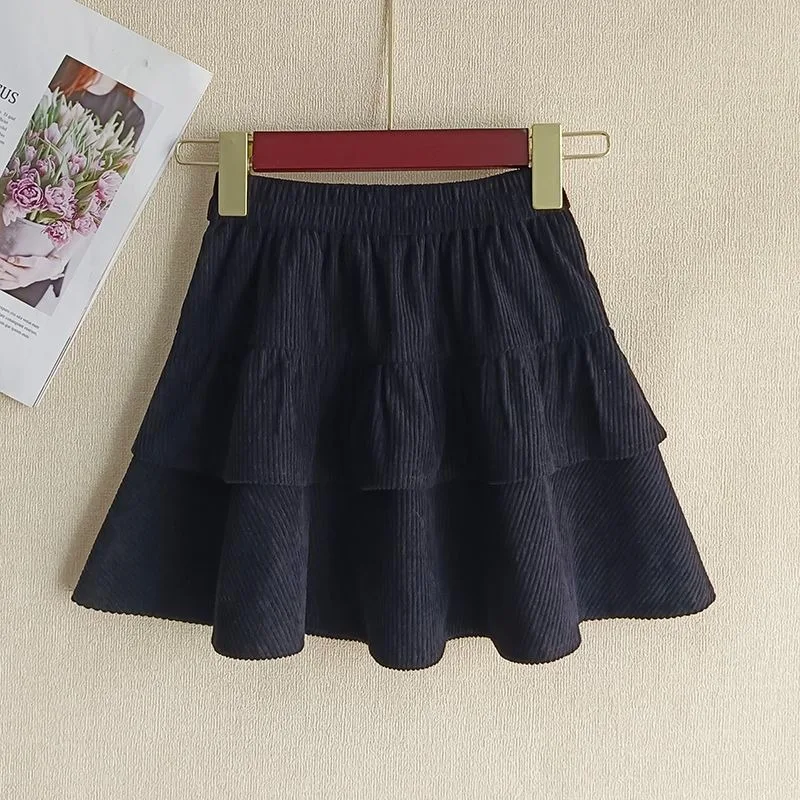 

New 2025 Autumn Winter Corduroy Half Skirt for Girls Pleated Tiered Short Skirt with Tiered Design Black All Seasons Kids' Dress