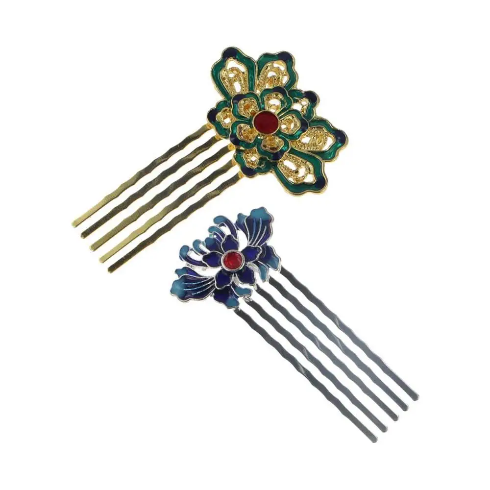 Elegant Women Traditional Blue  Lotus Classical Style Headwear Hair Accessories Hanfu Hairpin Cloisonne Hair Comb