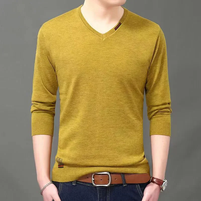 Spring Autumn V-neck Knitted Long Sleeve Male Clothes All-match Casual Men's Social Shirt Free Shipping Top Men T Shirt Z609