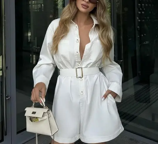 Women's Clothing 2025 Autumn New Item Solid Color Personalized Fashion Long Sleeved Top High Waisted Jumpsuit Shorts