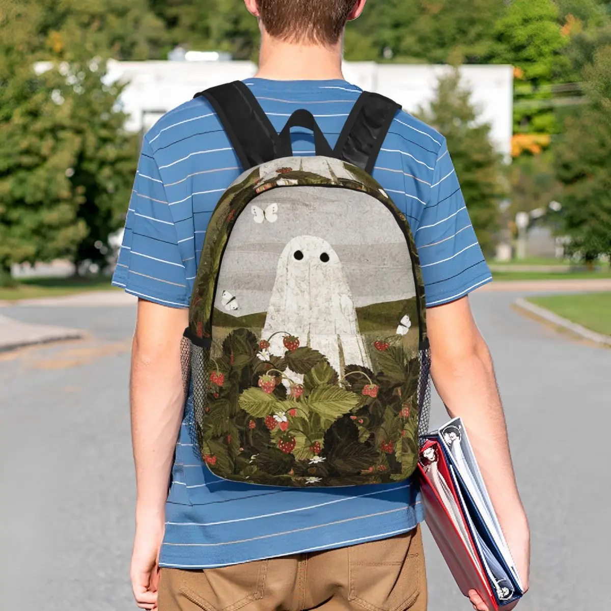 Cute Ghost Surrounded By Wild Flowers Backpack Student BookBag Kids School Bag Computer Shoulder Bags for Men Women