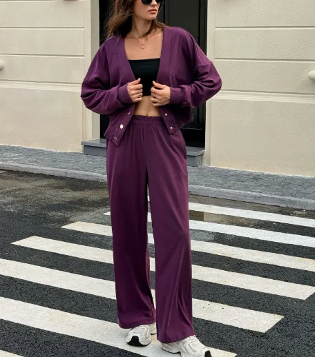 2025 بلون الخامس الرقبة طويلة الأكمام بلوزات و عالية الخصر مستقيم الساق السراويل مجموعة لخريف المرأة عادية فضفاض 2 قطعة مجموعة