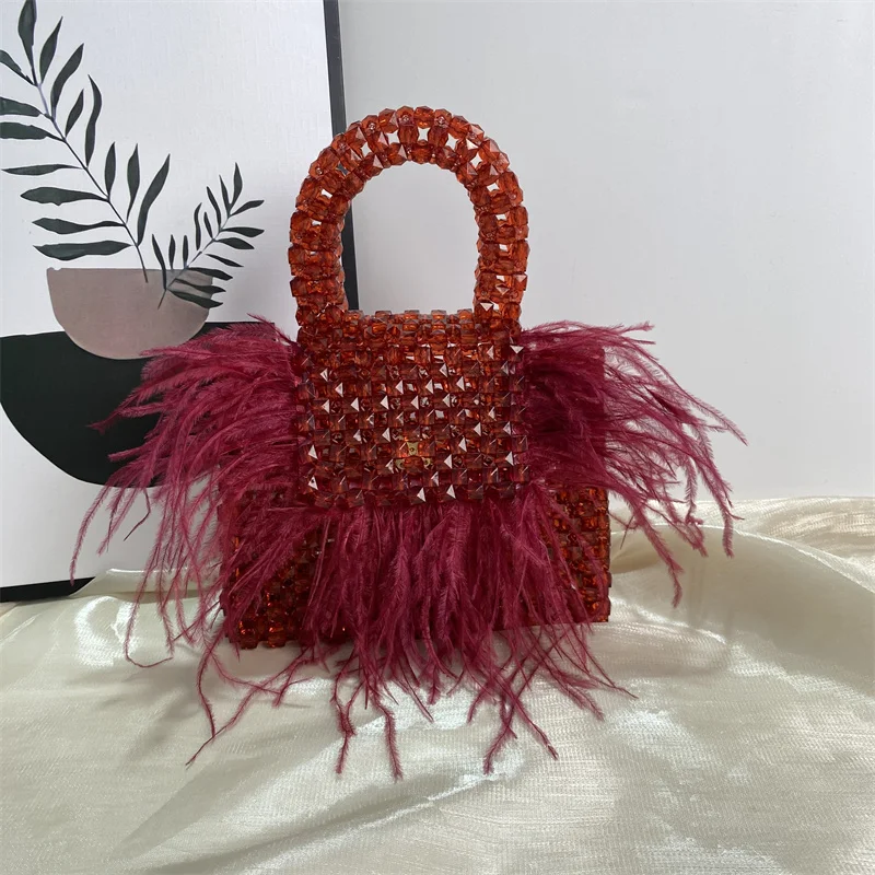 Imagem -03 - Bolsas Acrílicos de Aba Tecida Top-handle para Mulheres Pena Personalizada Forma Senhoras Bolsa Sênior Festa Verão