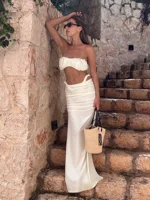 Ruched Bandeau Swimsuit Strapless 3 Piece White Bubble Bikini Sets White High-Cut Maxi Skirt Swimswear Luxury Beach Outfit K264 - Image 3