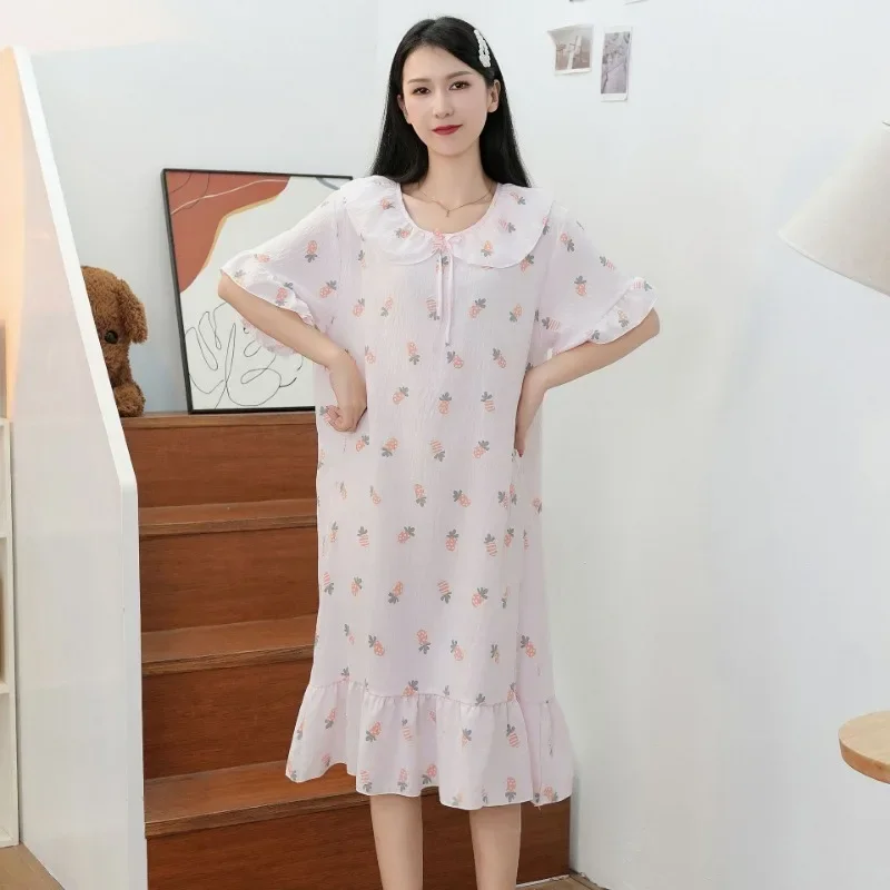 Lässige Homewear Cloud Baumwolle Nachthemden Frauen Frühling Sommer dünne kurz ärmel ige große Schlaf hemden Rüschen Rand Kleid gedruckt