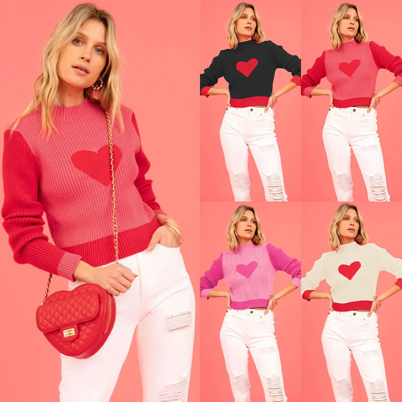 

Women Cute Pullover Pink Sweater with Hearts Long Sleeve Mock neck Jumper Cable Knit Sweater Tops