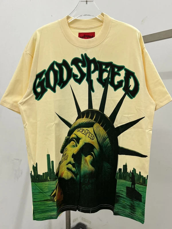 

Высококачественная мужская футболка Godspeed в американском стиле, свободного кроя, с коротким рукавом, винтажным принтом, из хлопка, молодежная модная летняя одежда
